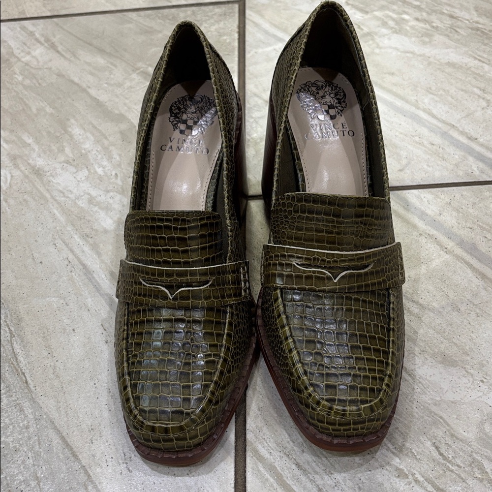 Vince Camuto Croc-Embossed Olive Loafers